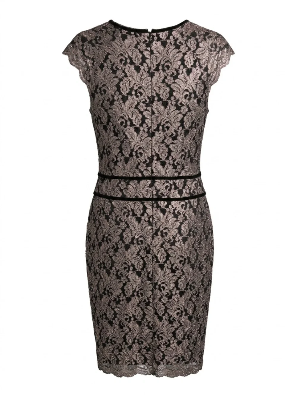 Elegant Black Lace Cap-Sleeve Sheath Dress - Taupe Lining - Picture 2 of 3